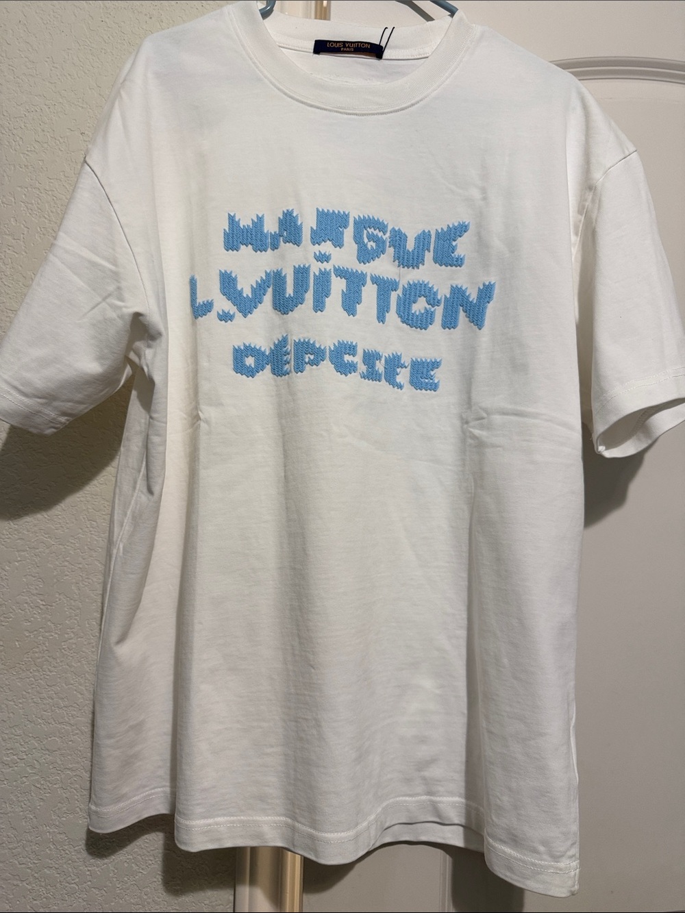 Louis Vuitton White Short-Sleeve Tee with Sky Blue Graphic
